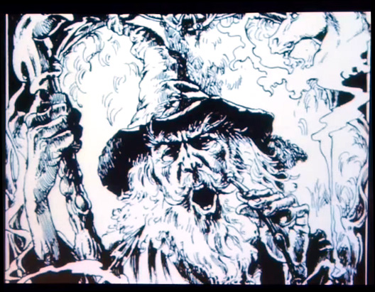 Illustration of a wizard in robes and pointy hat smoking a long pipe