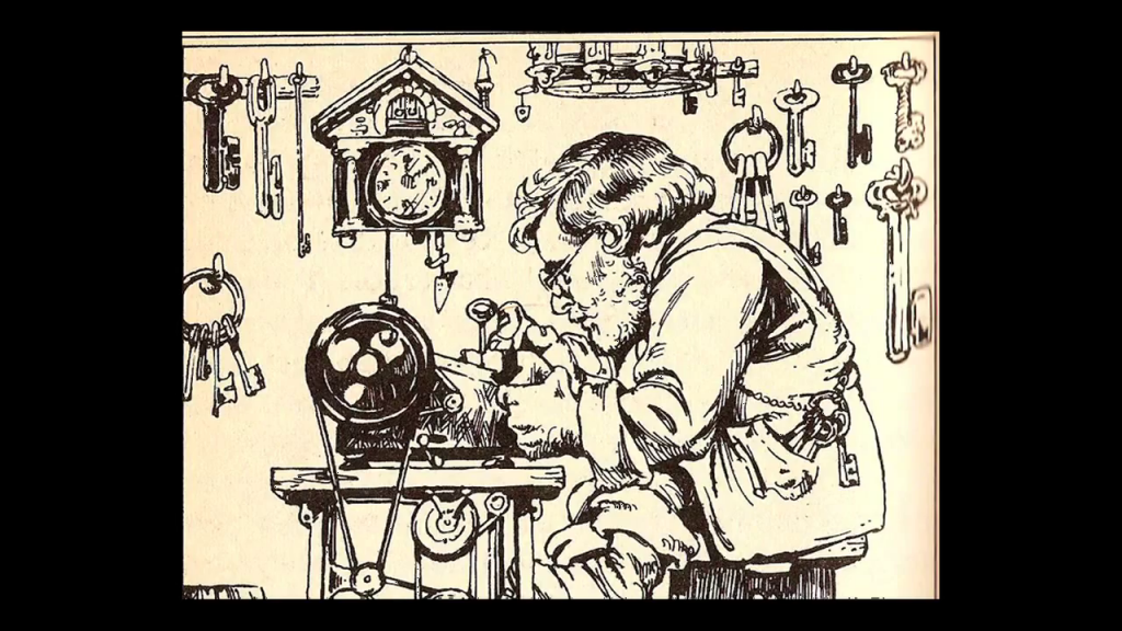 Illustration of a man hunched over a key-cutting machine