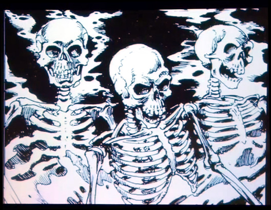 Illustration of three skeletons surrounded by smoke