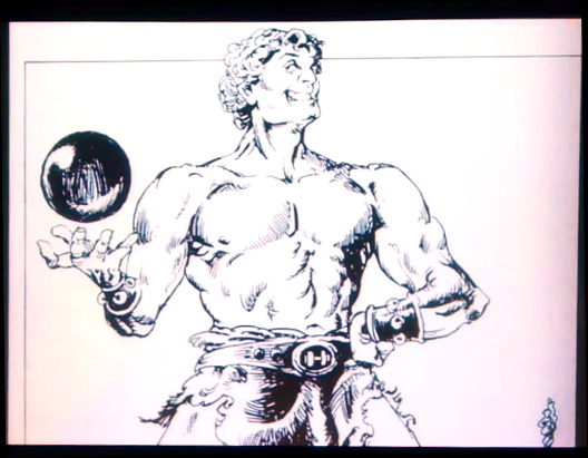 Illustration of a muscular, shirtless man bouncing a cannonball in his right hand