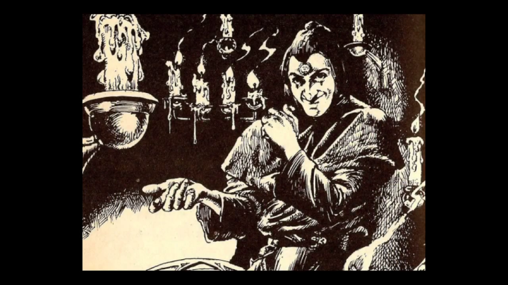 Illustration of a man in robes surrounded by candles in a dark room, with a circular marking on his forehead