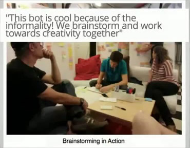 Photo of several people seated around a table, captioned "Brainstorming in Action"