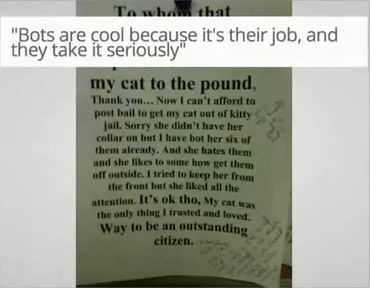 Photo of a sheet of a paper with a rant from someone about their cat being taken to the pound.