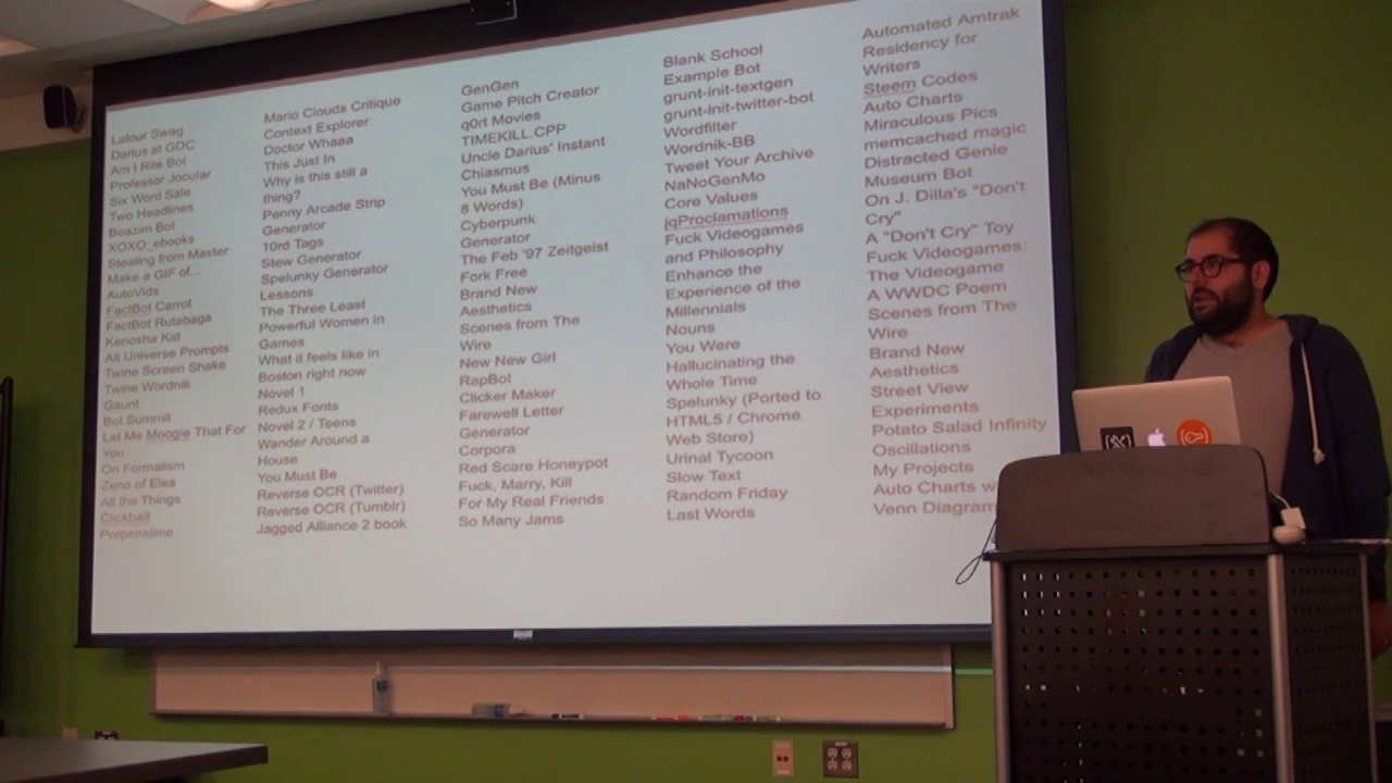 Screenshot; Darius standing at a podium with a slide showing a large list of his 2013 projects