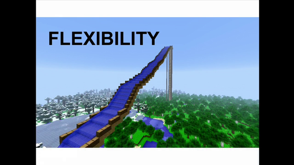 Screenshot of Minecraft captioned "Flexibility", showing an enormous water slide rising above the trees.