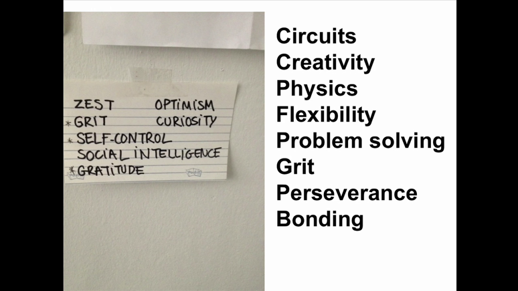 The index card from before, with a caption next to it listing: circuits, creativity, physics, flexibility, problem solving, grit, perserverance, bonding