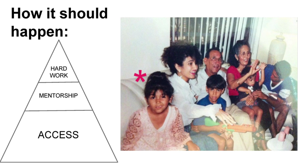 Image of a large family seated on a couch, young Stephanie near front. At left is a heading "How it should happen" and an illustration of a triangle divided into three sections labeled "access" at the base, "mentorship" above, and "hard work" at its point.