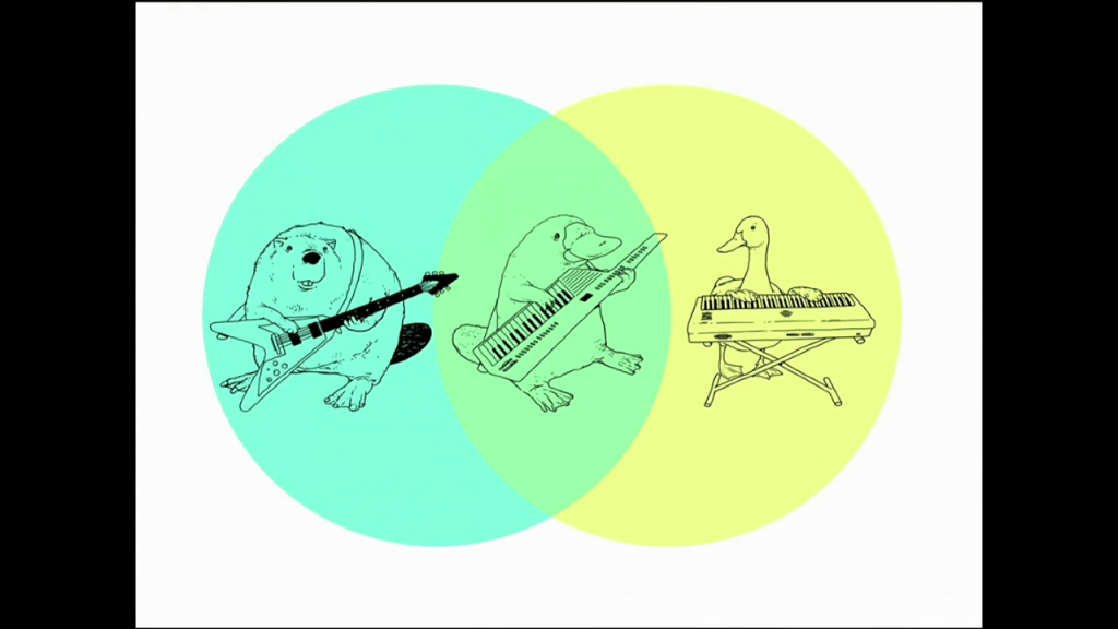 A Venn diagram showing a beaver playing a guitar at left, a duck playing a keyboard at right, with a platypus playing a keytar in the overlap.