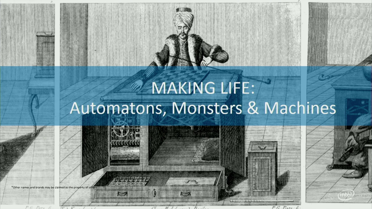 Engraving of the Mechanical Turk, with the cabinet open exposing the machinery below. Captioned "Making Life: Automatons, Monsters & Machines"