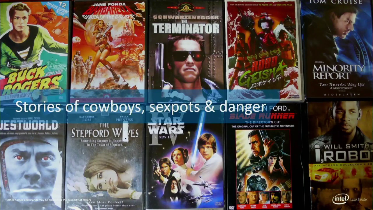 Covert art for a variety of robot-themed movies. Captioned "Stories of cowboys, sexpots & danger"