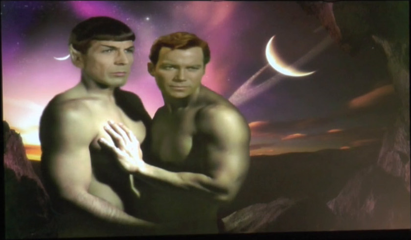 Kirk and Spock's heads photomanipulated onto the bodies of two bare-chested men against an alien planet background.