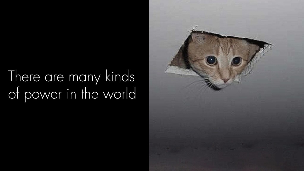 Cat looking down from a hole in the ceiling; captioned "There are many kinds of power in the world."