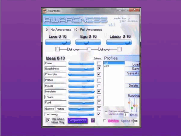 Screenshot of a settings panel for the Kari software, with a range of sliders for love, ego, libido and various topics of interest.