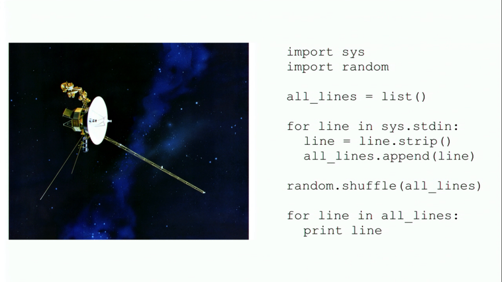 Image of a satellite, with a block of Python code at right