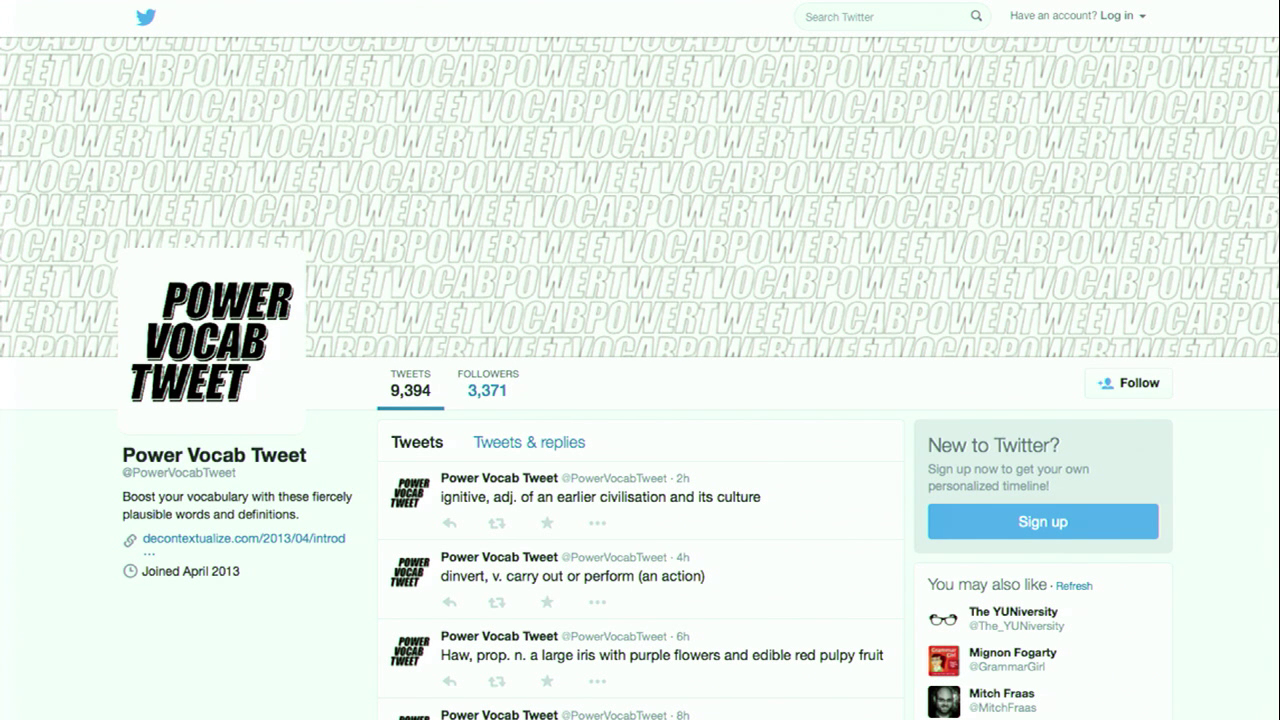 Screenshot of the Power Vocab Tweet Twitter profile page.