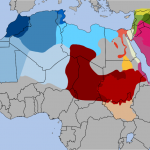 Map of northern Africa and the Gulf region showing where various dialects of Arabic are spoken