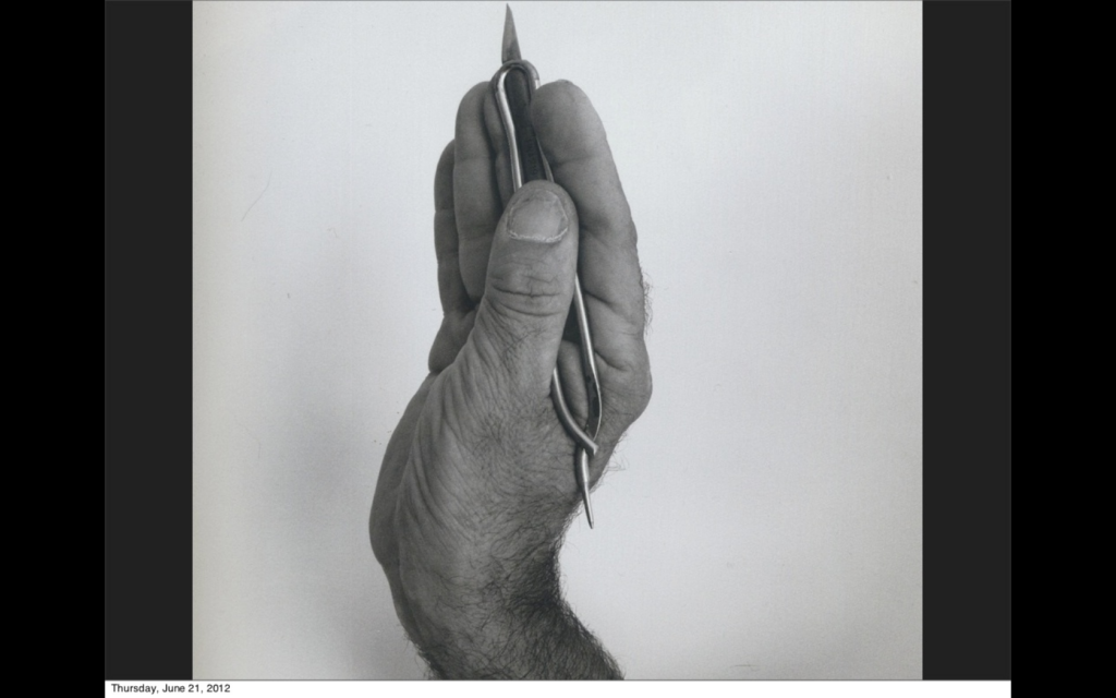 A hand holding a cutting tool.