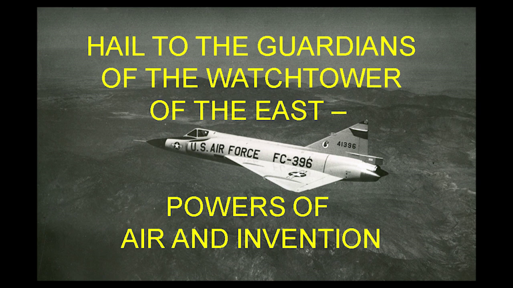 "Hail to the guardians of the watchtower of the East, powers of air and invention" overlaid on a photo of a figher plane