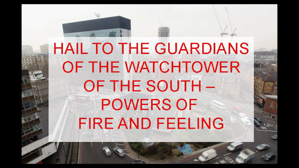 "Hail to the guardians of the watchtower of the South, powers of fire and feeling" overlaid on a photo of Tech City