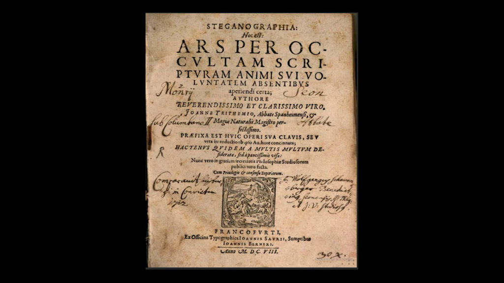 Photo of the title page of the Steganographia