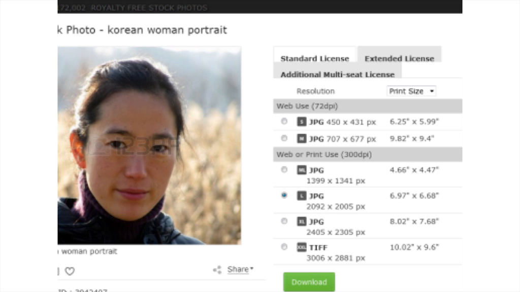 Screenshot of a stock photo site listing for "korean woman portrait"