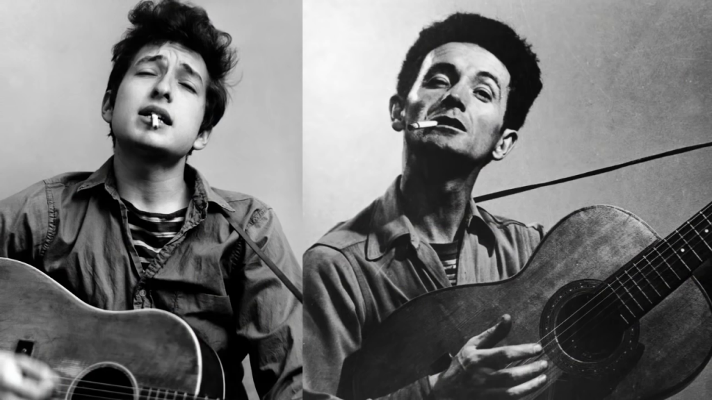 Two portraits: Woody Guthrie holding a guitar, head tilted to the side with cigarette hanging from his lips, and Bob Dylan in an almost identical pose.