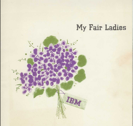 Cover of an IBM recruitment brochure titled "My Fair Ladies" with an illustration of a bouquet of purple flowers.