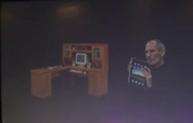 Two images side by side: a large office console with side table and desktop computer, and Steve Jobs holding an iPad
