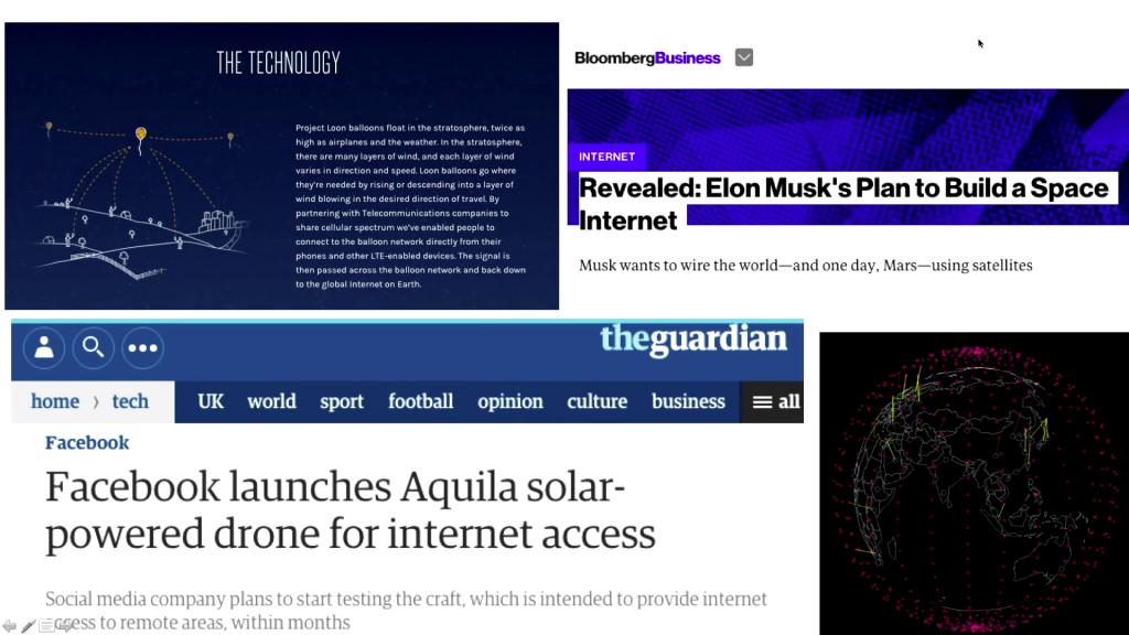 Screenshots of web sites and headlines related to various Internet broadcasting efforts. (Links in caption.)
