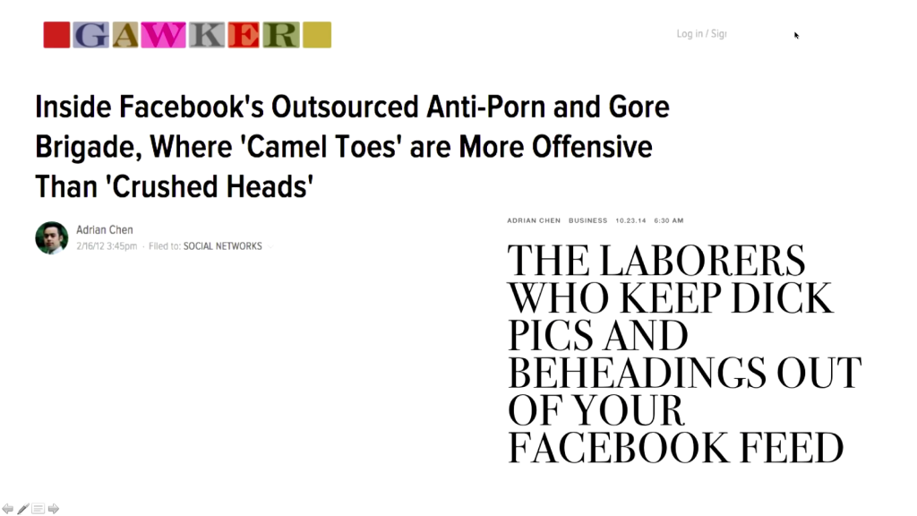Screenshot of two headlines for stories by Adrian Chen. (Links in caption.)