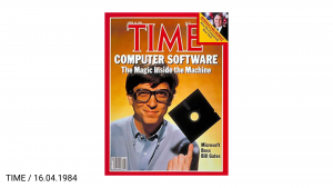 April 16, 1984 Time magazine cover showing a young Bill Gates holding a 5.25" floppy disc with headling "Computer Software: The Magic Inside the Machine"