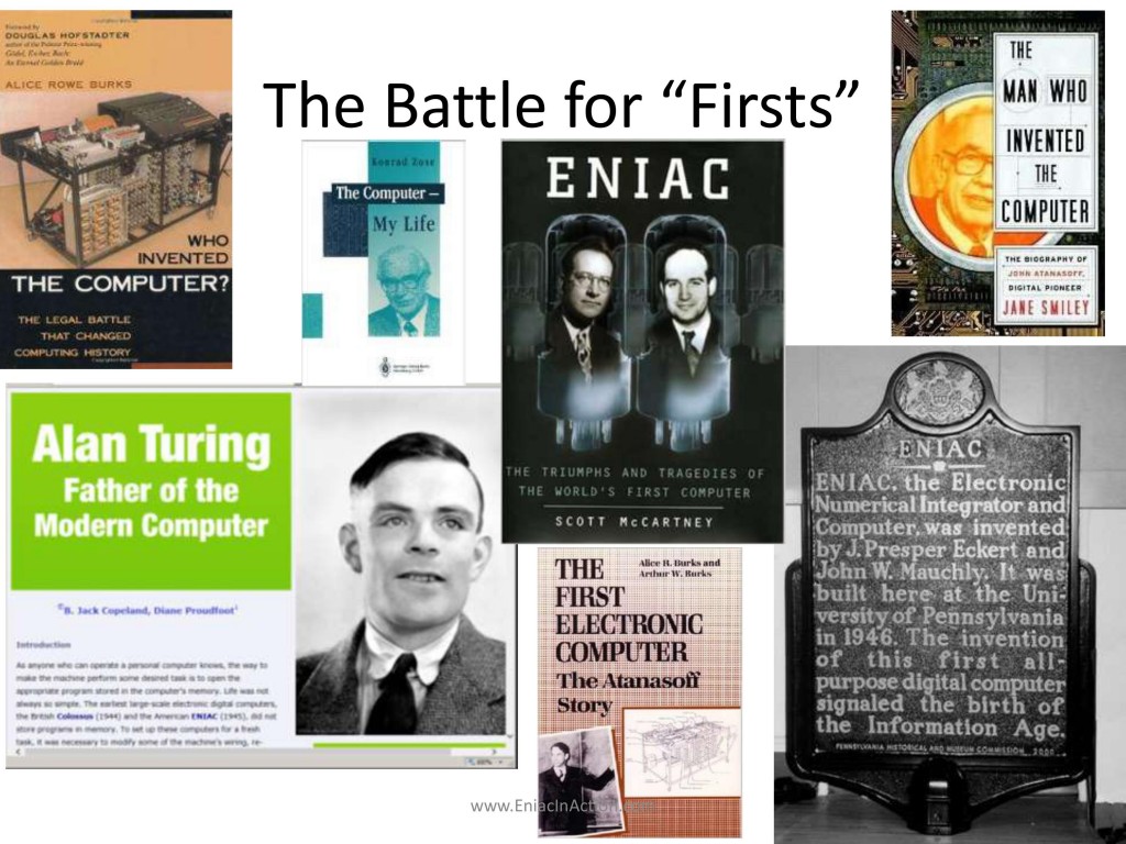 Several images of plaques, book covers, and web pages making claim to various sometimes conflicting firsts in compurint