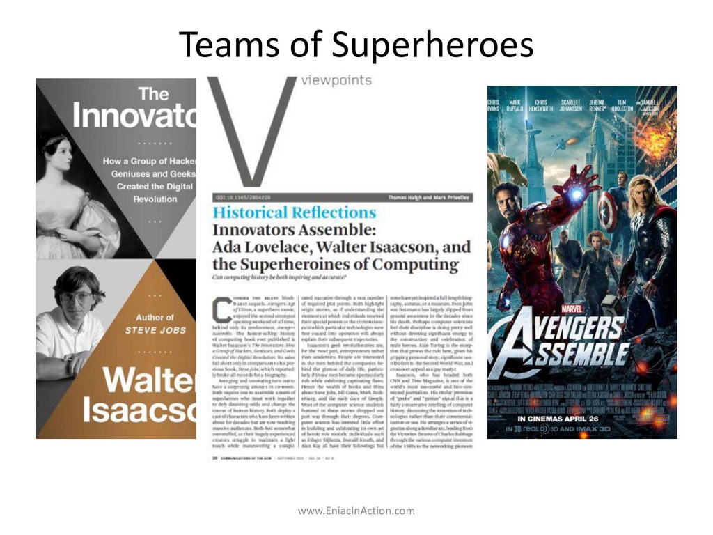The cover of Isaacson's The Innovators set next to the movie poster for Avenger's Assemble
