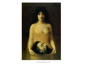 A classical painting of a robed woman holding a platter with a man's severed head on it