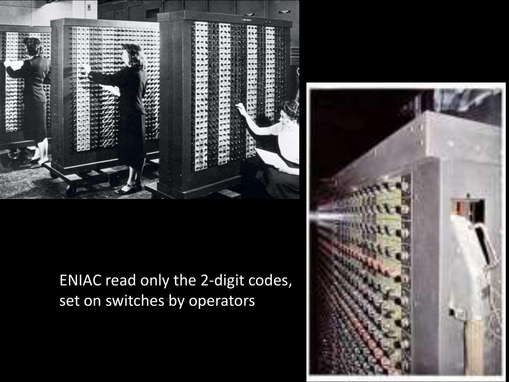 Three women holding sheets of paper, standing in front of ENIAC panels comprising hundreds of rotating switches, making adjustments to the program settings.