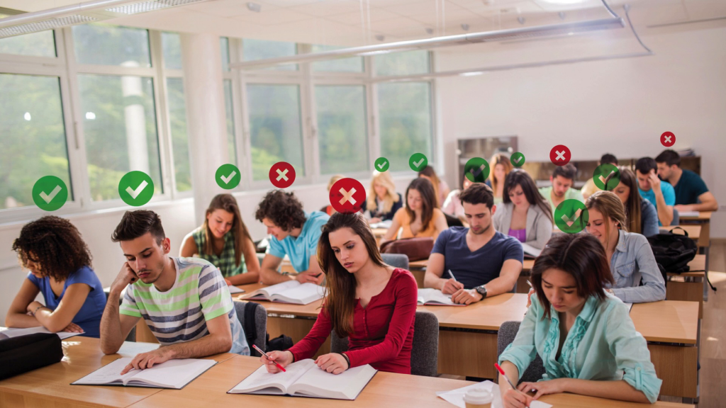 A large classroom of students, each with an icon over their head, either a green checkmark or red x