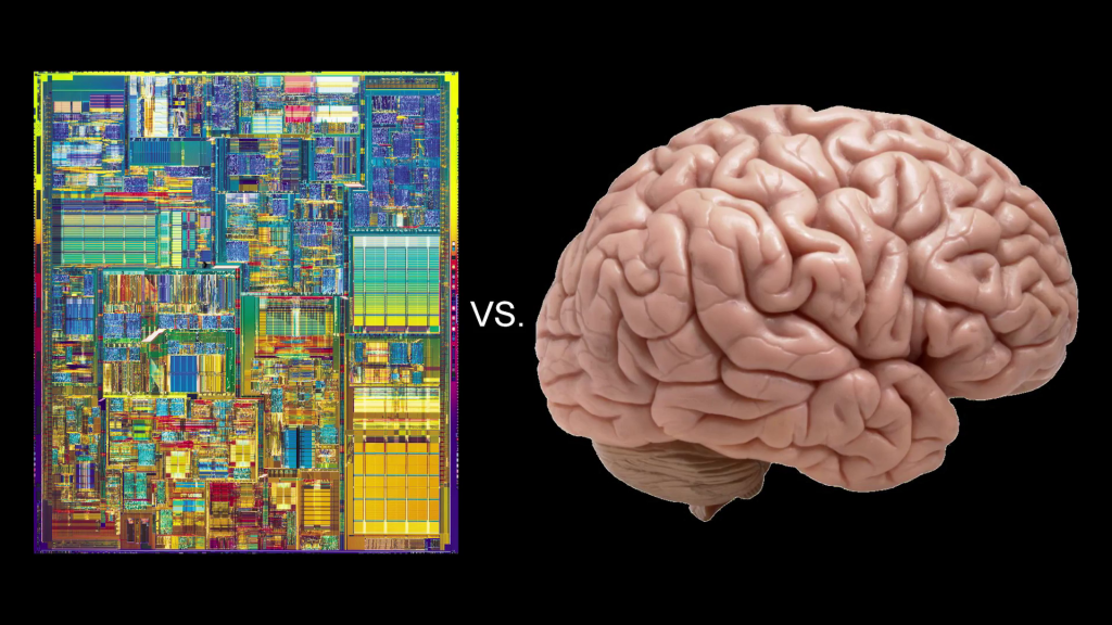 Image of a microchip being shown as "vs" a human brain