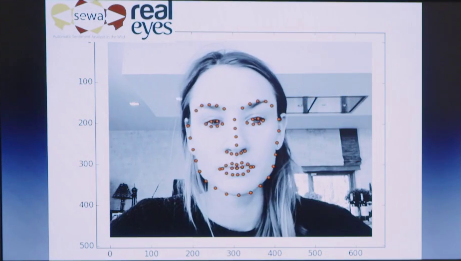 Screenshot of an application showing a young woman's face, with various detected facial features traced by dots
