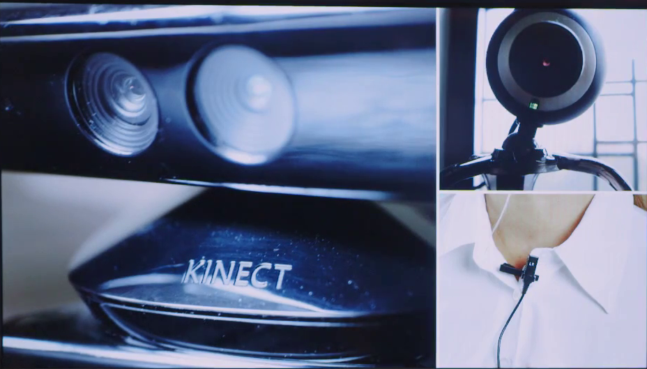 Closeups of various sensors: a Microsoft Kinect sensor,web cam, and microphone