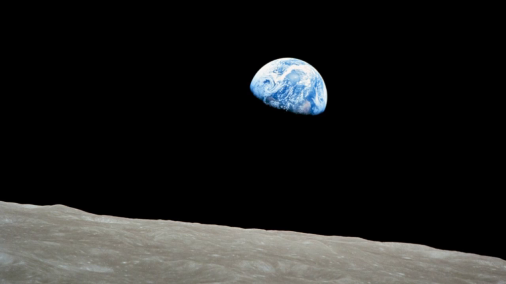 The Earth seen from space, with the Moon's horizon visible 