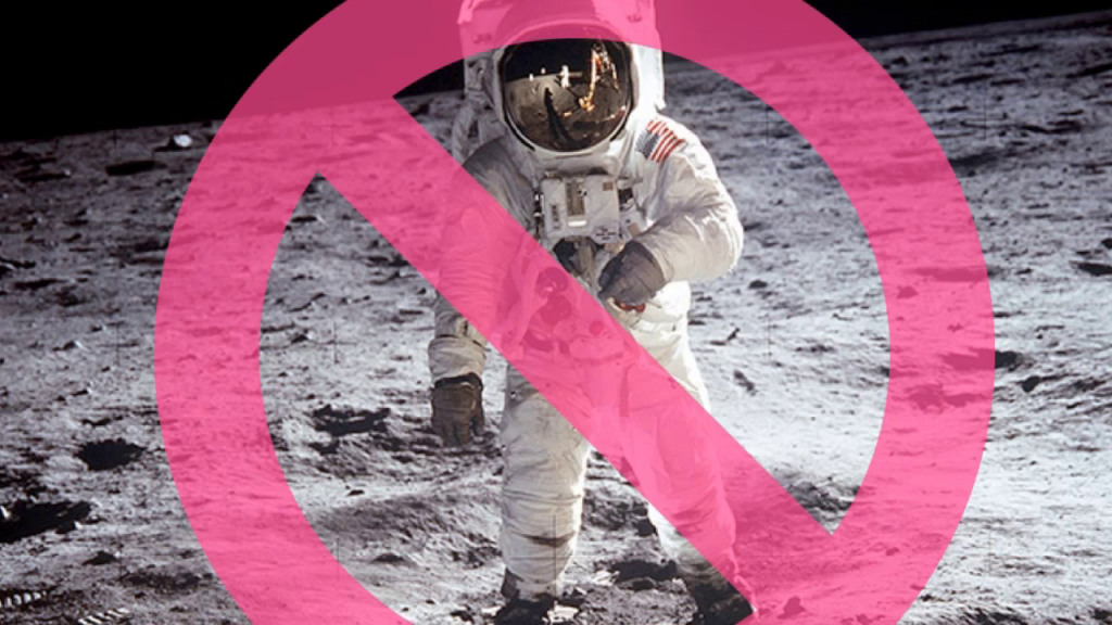 Photo of an astronaut standing on the Moon's surface, with a large crossed-through circle overlaid on the image