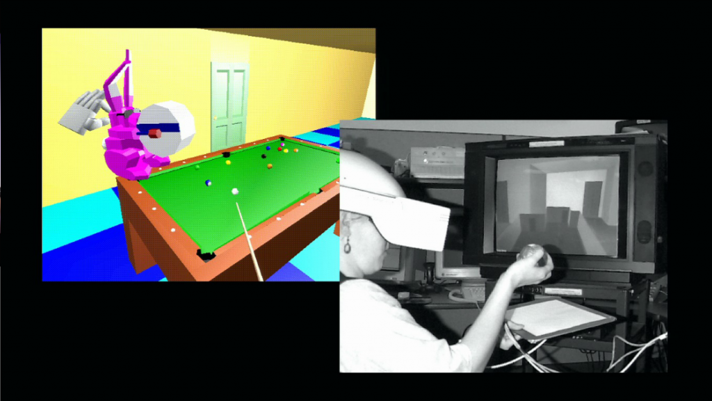 Photo of someone wearing virtual reality goggles holding a round object, and a screenshot of a graphically simple VR scene of a hand holding an Energizer bunny over a pool table