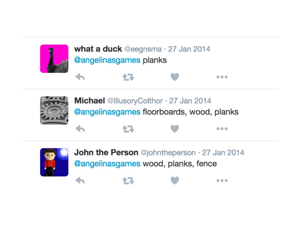 Screenshot of several replies to ANGELINA asking for for suggestions about a piece of wood, suggesting things like planks, floorboards, etc.