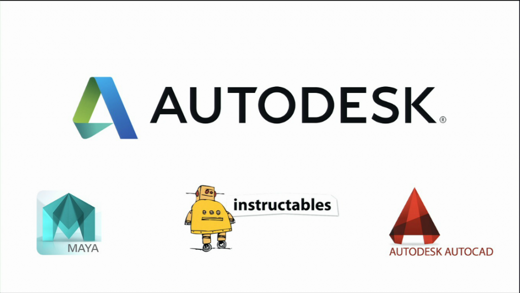 Logos for various Autodesk products: Maya, instructables.com, AutoCAD