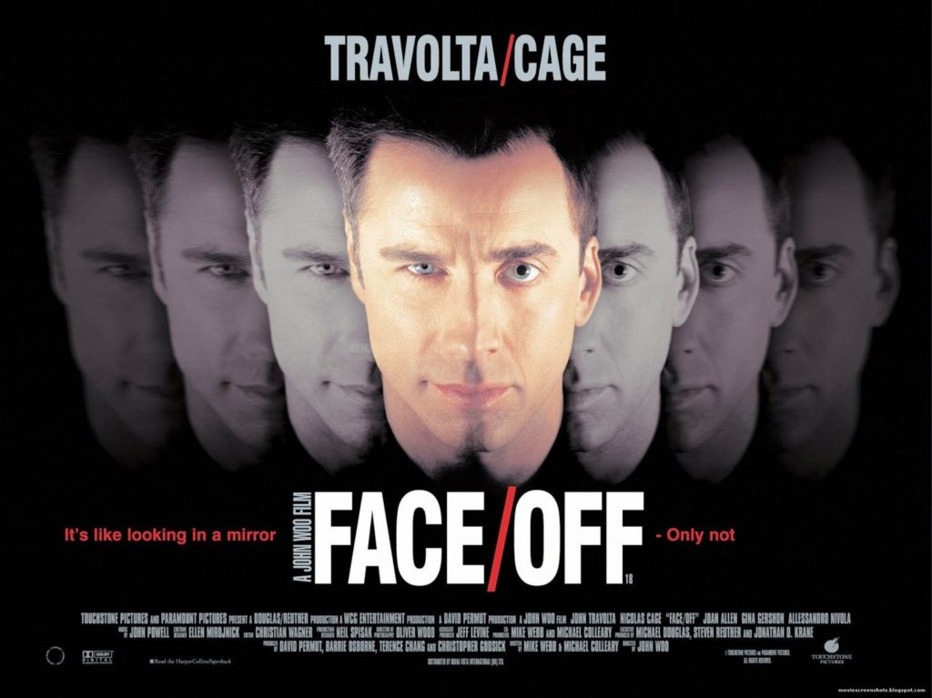 Poster for the movie "Face Off," showing Nick Cage and John Travolta's faces at opposite ends, repeated a few times toward the center, where they merge into a single face joined at the middle