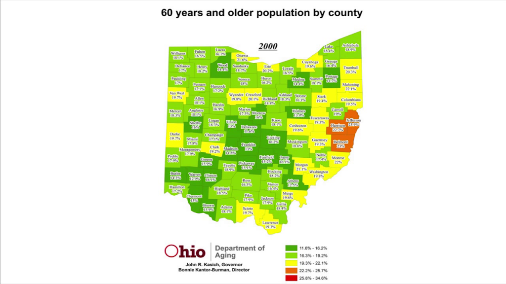 Map of Ohio counties colored by age ranges, for the year 2000; three counties are colored orange