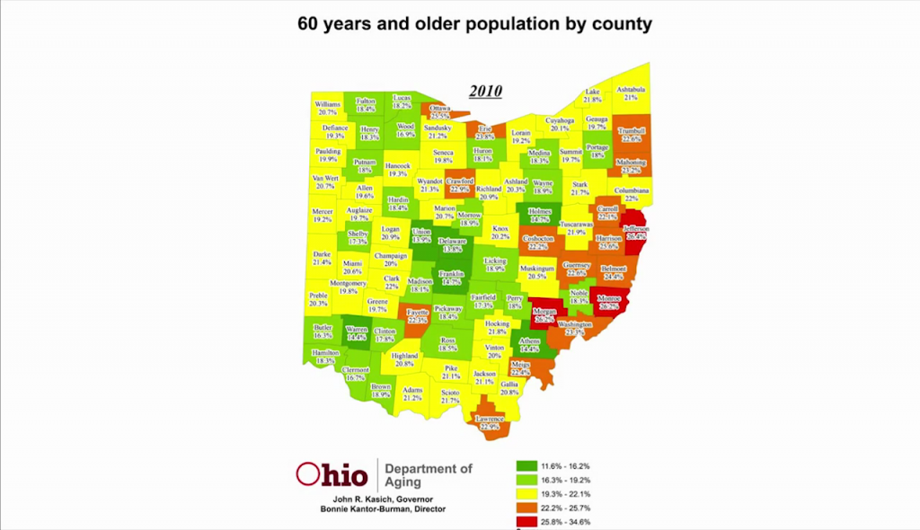 The same map, but showing data for the year 2010; three counties are red, with a scattering of orange, indicating the next age range down