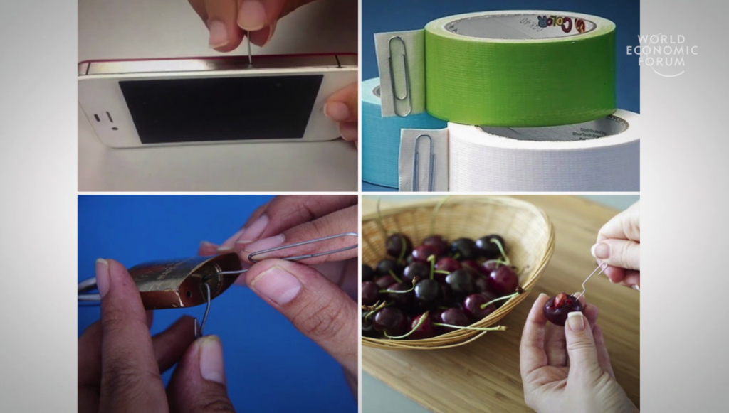 Four images showing a paperclip being used to remove a phone's SIM card, indicate the start of rolls of tape, pick a lock, and pit cherries