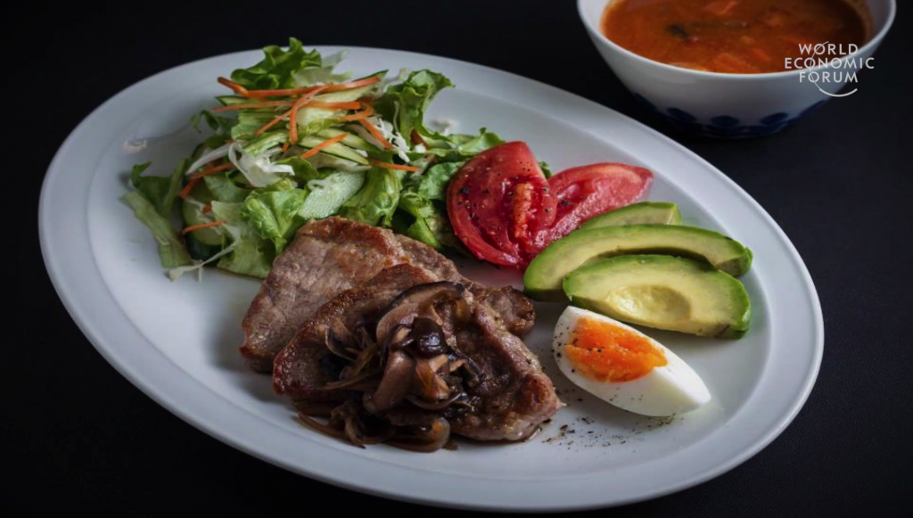 A plate of food containing some meat, a salad, tomato, avocado slices, and an egg