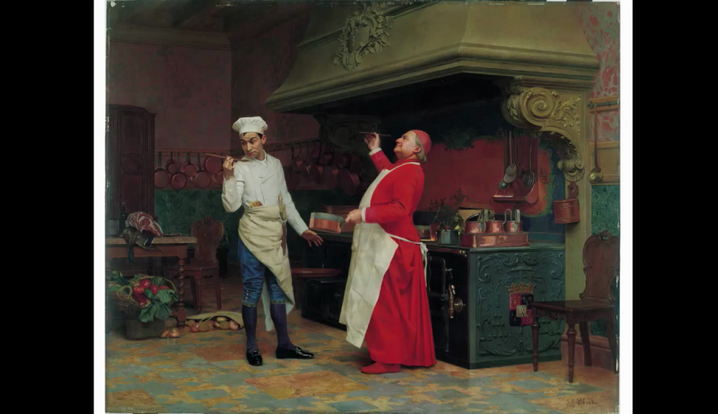 Painting of a cardinal and cook standing before a large stove, the cardinal holding a copper saucepan and the chef with a doubtful expression having just tasted something from it